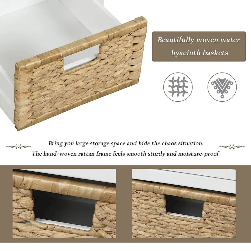 Rustic Storage Shoes Bench with 3 Drawers and 3 Rattan Baskets