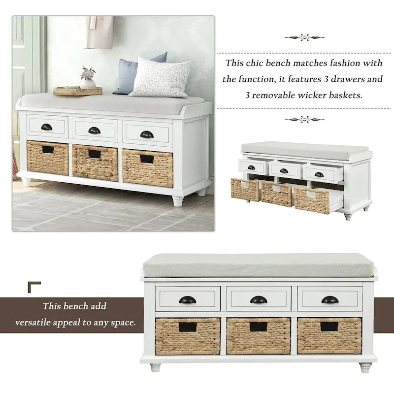 Rustic Storage Shoes Bench with 3 Drawers and 3 Rattan Baskets