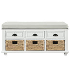 Rustic Storage Shoes Bench with 3 Drawers and 3 Rattan Baskets