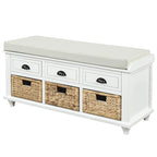 Rustic Storage Shoes Bench with 3 Drawers and 3 Rattan Baskets