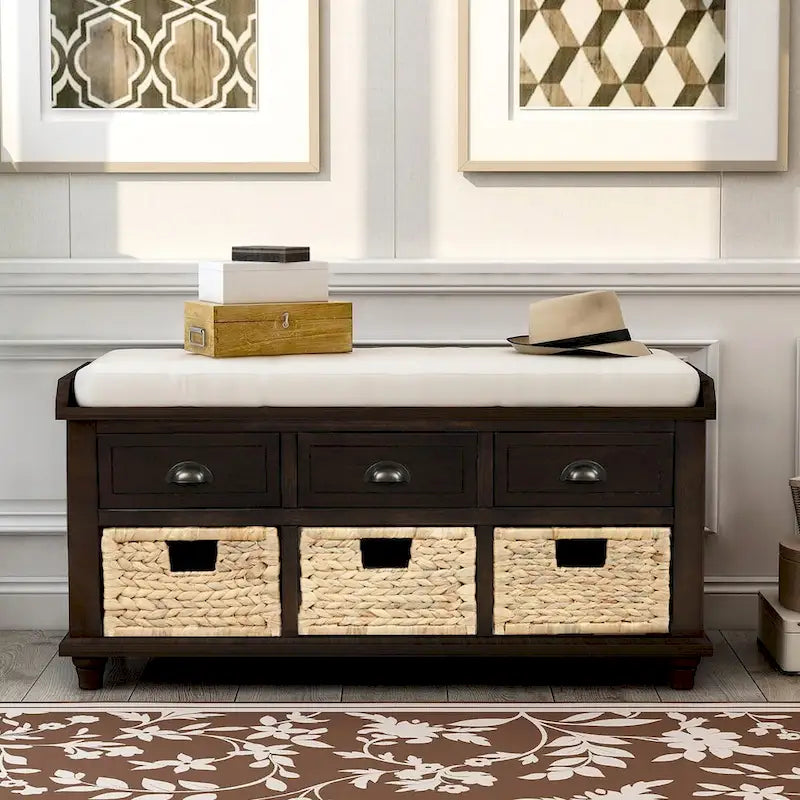 Rustic Storage Shoes Bench with 3 Drawers and 3 Rattan Baskets