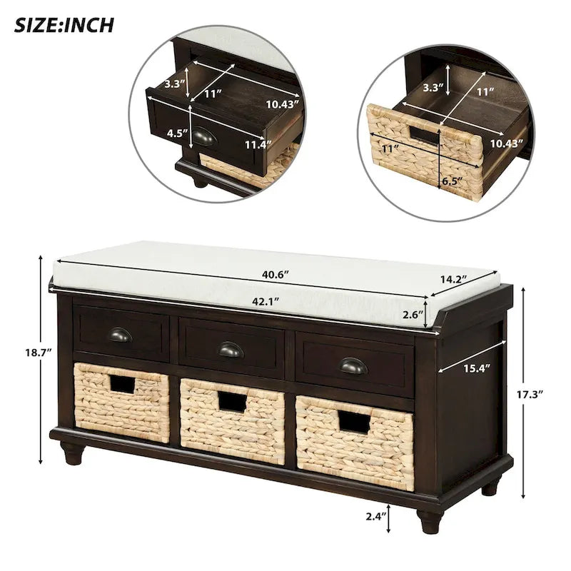 Rustic Storage Shoes Bench with 3 Drawers and 3 Rattan Baskets