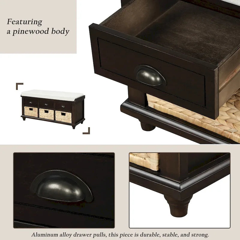 Rustic Storage Shoes Bench with 3 Drawers and 3 Rattan Baskets