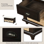 Rustic Storage Shoes Bench with 3 Drawers and 3 Rattan Baskets