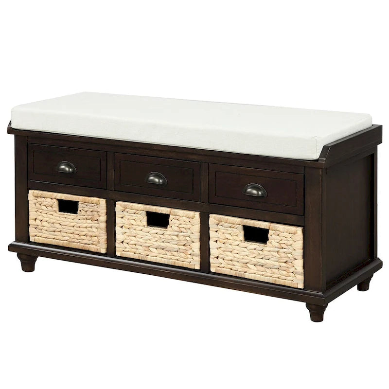 Rustic Storage Shoes Bench with 3 Drawers and 3 Rattan Baskets