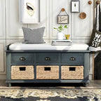 Rustic Storage Shoes Bench with 3 Drawers and 3 Rattan Baskets