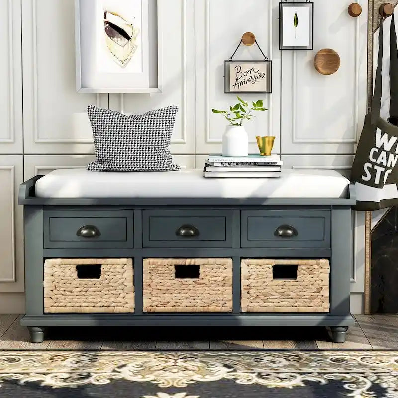 Rustic Storage Shoes Bench with 3 Drawers and 3 Rattan Baskets