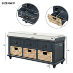 Rustic Storage Shoes Bench with 3 Drawers and 3 Rattan Baskets