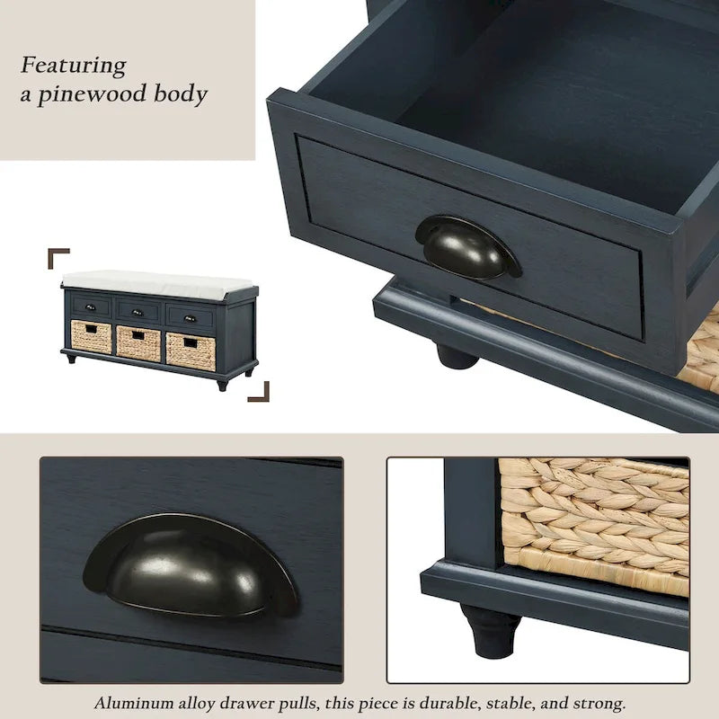 Rustic Storage Shoes Bench with 3 Drawers and 3 Rattan Baskets