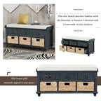 Rustic Storage Shoes Bench with 3 Drawers and 3 Rattan Baskets