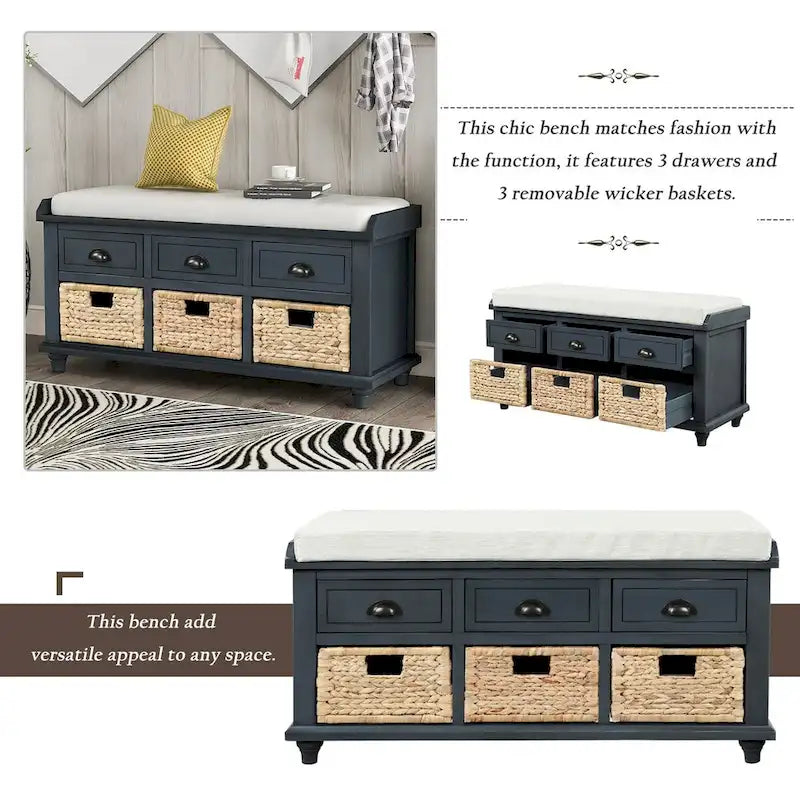 Rustic Storage Shoes Bench with 3 Drawers and 3 Rattan Baskets