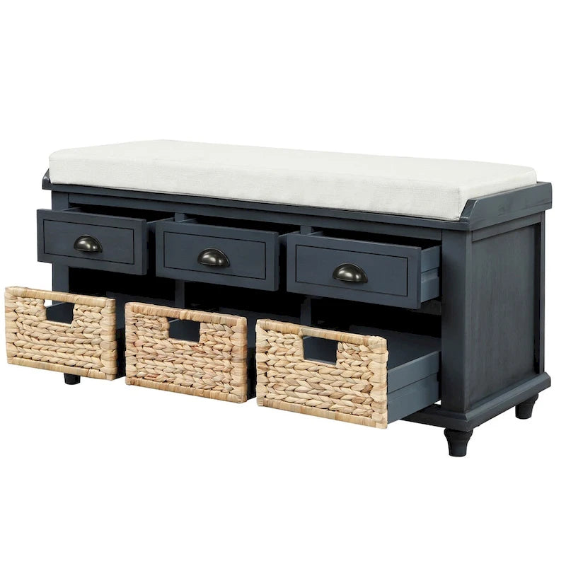 Rustic Storage Shoes Bench with 3 Drawers and 3 Rattan Baskets