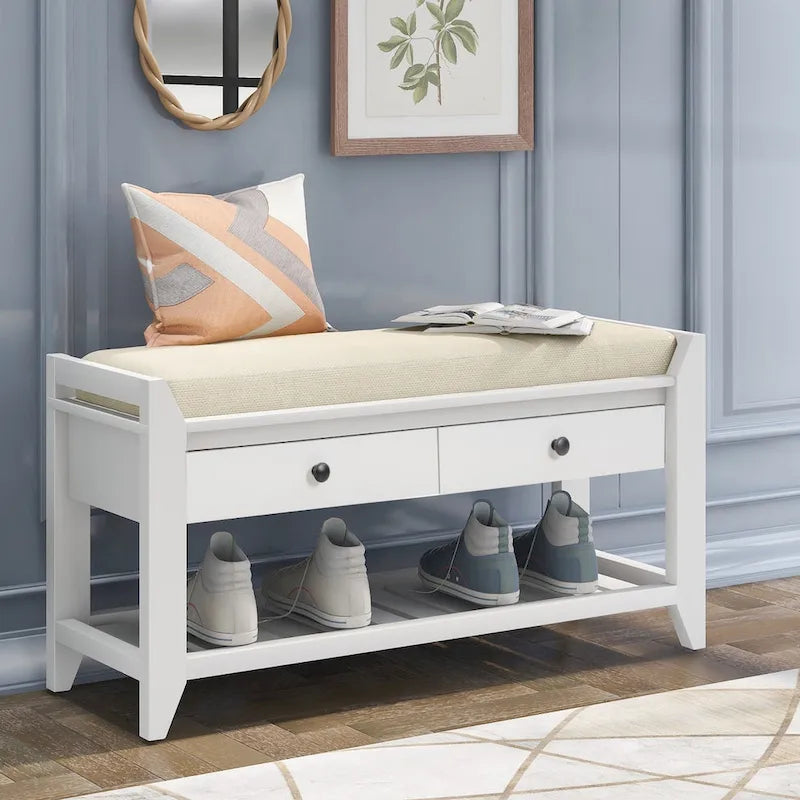 Multipurpose Storage Shoe Bench with Cushioned Seat and Drawers