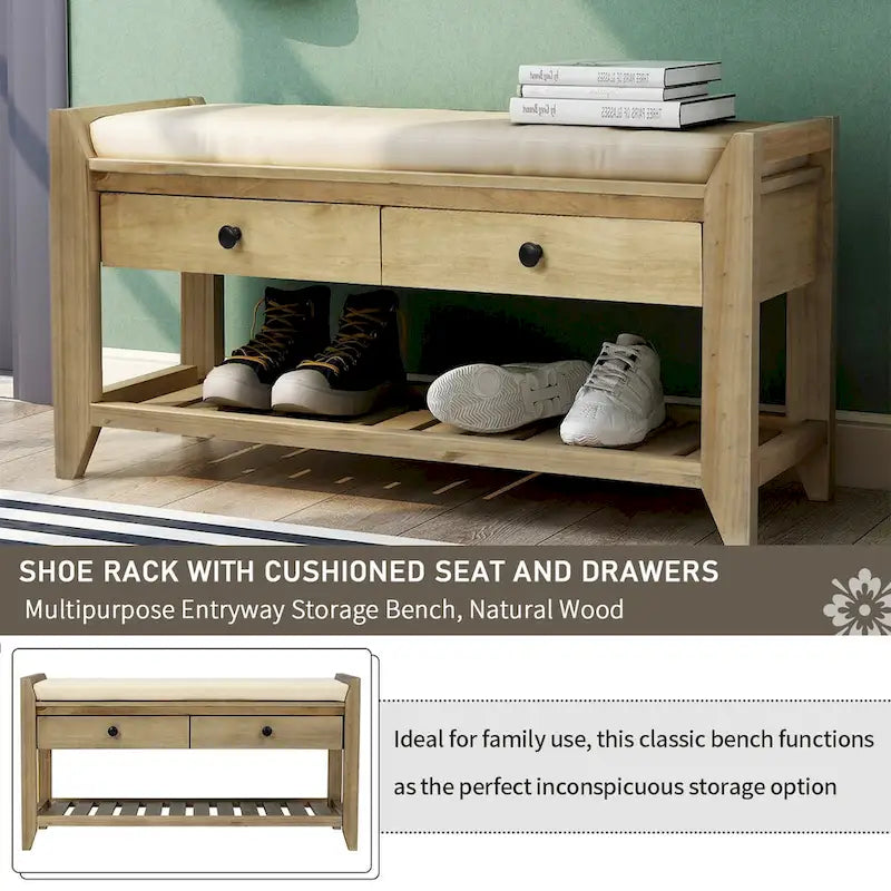 Multipurpose Storage Shoe Bench with Cushioned Seat and Drawers