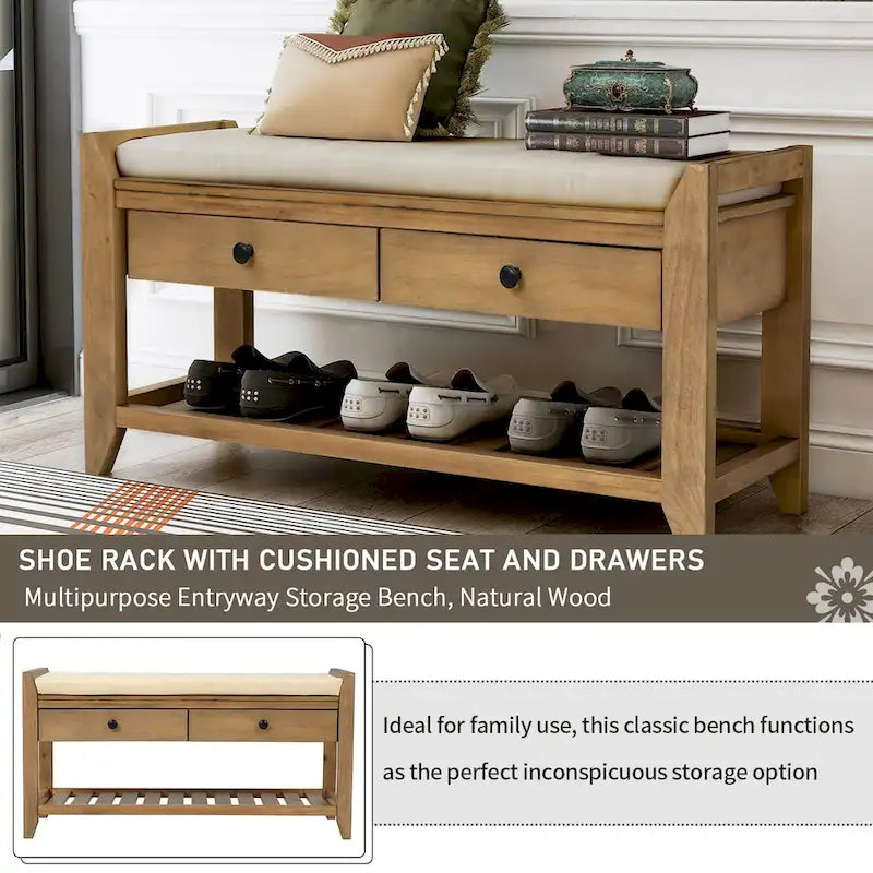 Multipurpose Storage Shoe Bench with Cushioned Seat and Drawers