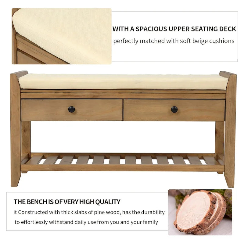 Multipurpose Storage Shoe Bench with Cushioned Seat and Drawers