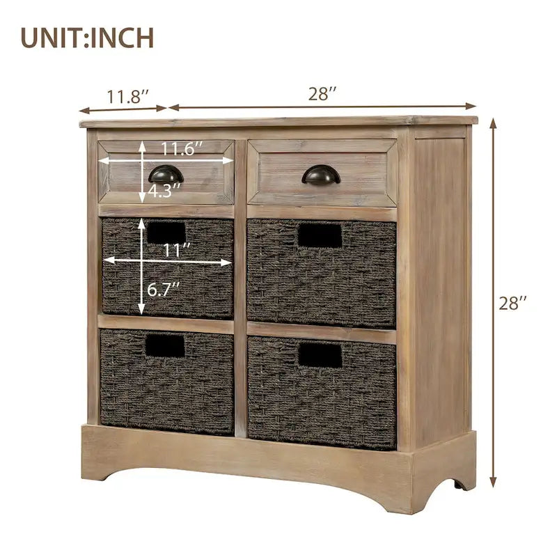 Rustic Storage Cabinet with Two Drawers and Four Classic Rattan Basket for Dining Room/Living Room