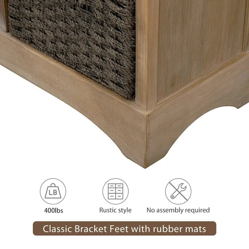 Rustic Storage Cabinet with Two Drawers and Four Classic Rattan Basket for Dining Room/Living Room