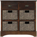 Rustic Storage Cabinet with Two Drawers and Four Classic Rattan Basket for Dining Room/Living Room
