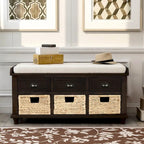 Rustic Storage Bench with 3 Drawers and 3 Rattan Baskets, Shoe Bench for Living Room, Entryway