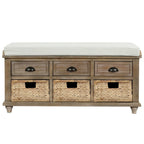 Rustic Storage Bench with 3 Drawers and 3 Rattan Baskets, Shoe Bench for Living Room, Entryway