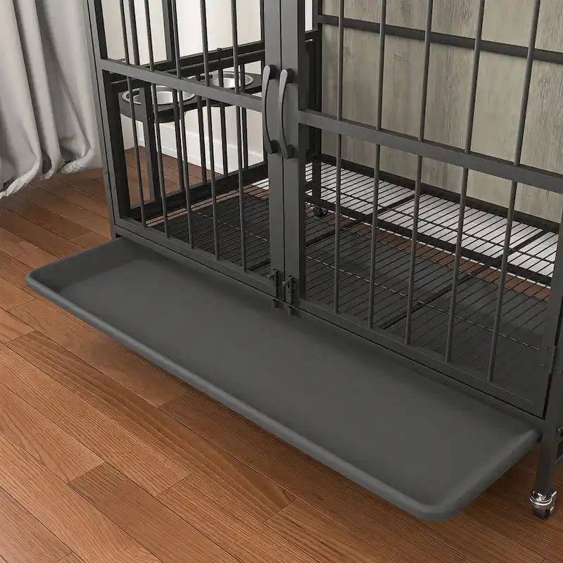 Dog crate furniture with Rremovable Ttray, Double-Door House, lift Panel, 360 Degree Rotation 3 Height Adjustable Feeding Bowls