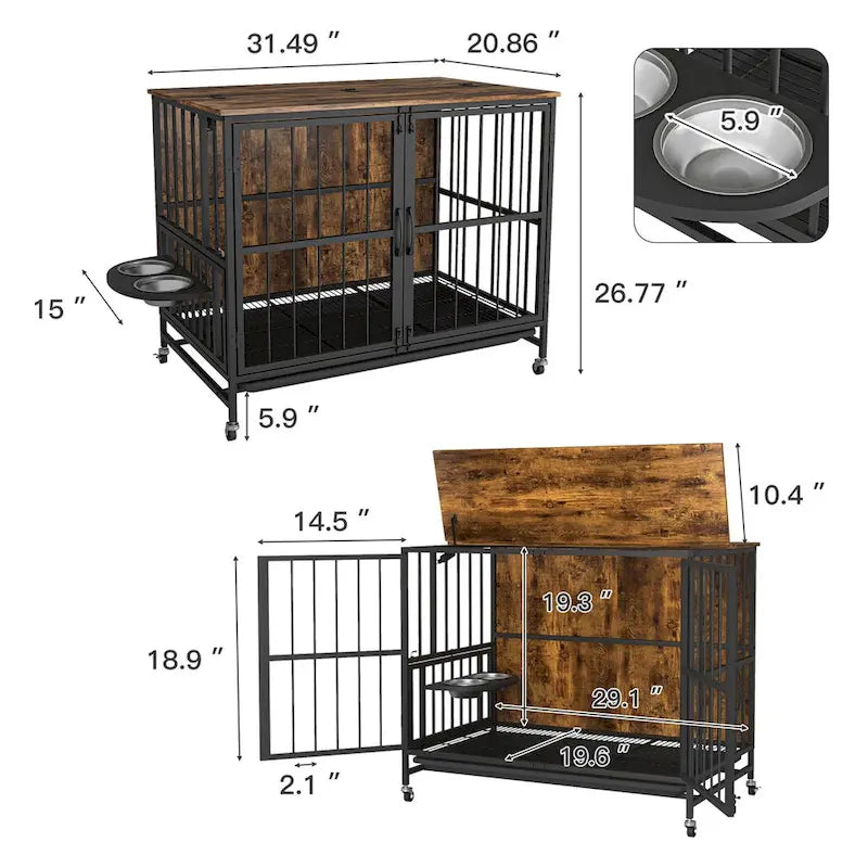 Dog crate furniture with Rremovable Ttray, Double-Door House, lift Panel, 360 Degree Rotation 3 Height Adjustable Feeding Bowls