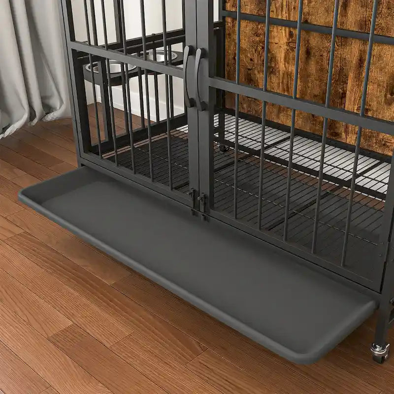 Dog crate furniture with Rremovable Ttray, Double-Door House, lift Panel, 360 Degree Rotation 3 Height Adjustable Feeding Bowls