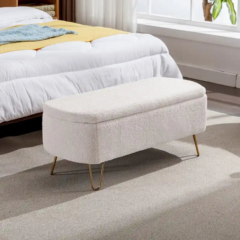 Storage Ottoman Bench for End of Bed Gold Legs, Faux Fur Entryway Bench Upholstered Padded with Storage for Living Room Bedroom