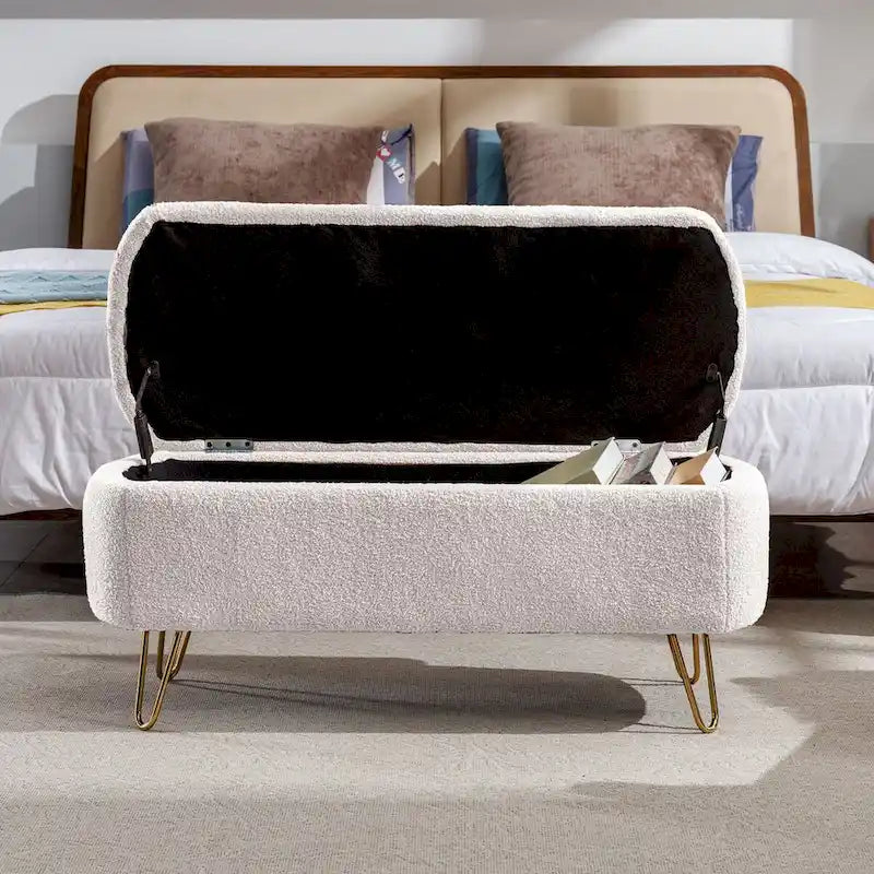 Storage Ottoman Bench for End of Bed Gold Legs, Faux Fur Entryway Bench Upholstered Padded with Storage for Living Room Bedroom