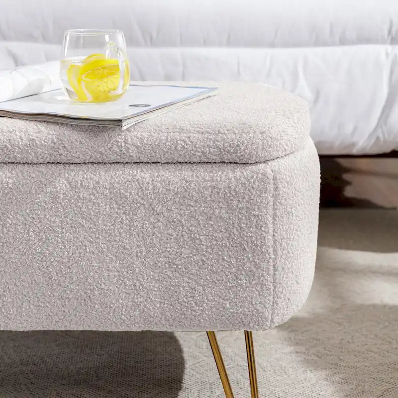Storage Ottoman Bench for End of Bed Gold Legs, Faux Fur Entryway Bench Upholstered Padded with Storage for Living Room Bedroom