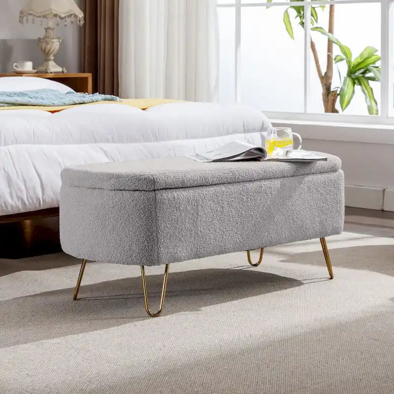 Storage Ottoman Bench for End of Bed Gold Legs, Faux Fur Entryway Bench Upholstered Padded with Storage for Living Room Bedroom