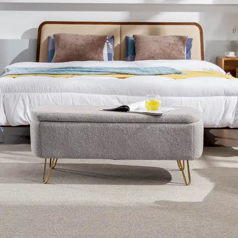 Storage Ottoman Bench for End of Bed Gold Legs, Faux Fur Entryway Bench Upholstered Padded with Storage for Living Room Bedroom