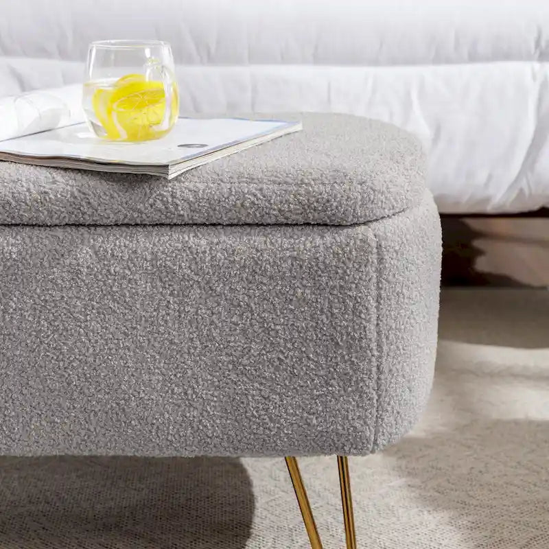 Storage Ottoman Bench for End of Bed Gold Legs, Faux Fur Entryway Bench Upholstered Padded with Storage for Living Room Bedroom