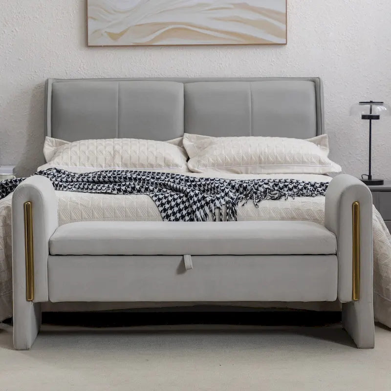 Velvet Fabric Storage Bench Bedroom Bench With Gold Metal Trim Strip For Living Room Bedroom Indoor,Light Gray