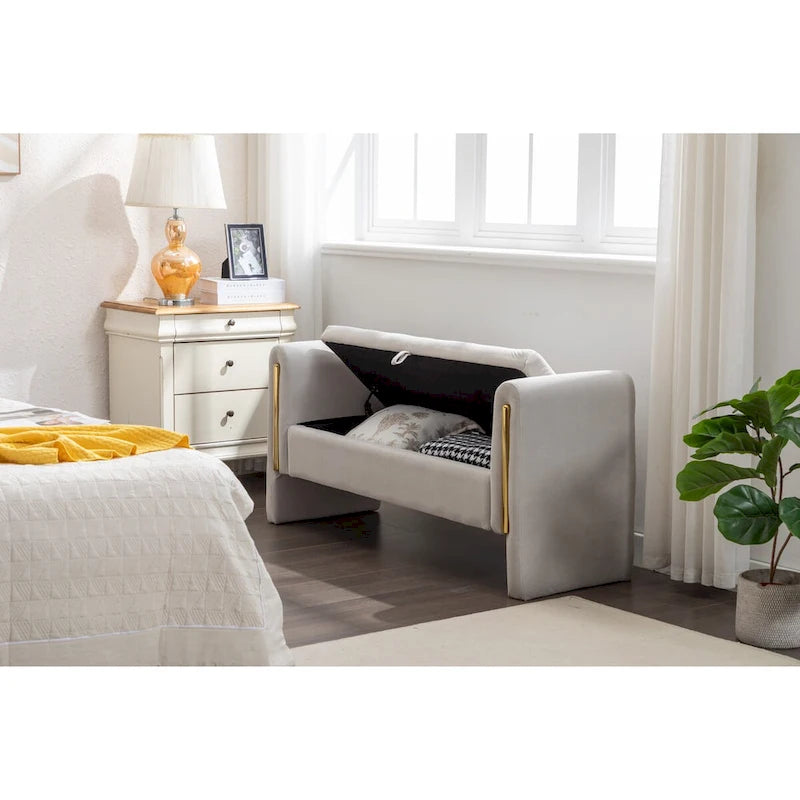 Velvet Fabric Storage Bench Bedroom Bench With Gold Metal Trim Strip For Living Room Bedroom Indoor,Light Gray