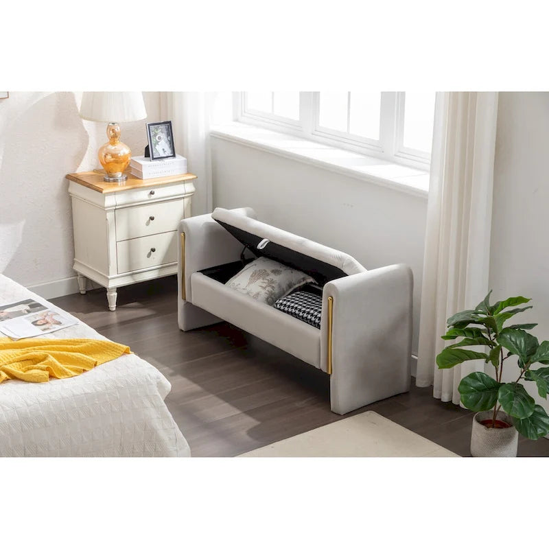 Velvet Fabric Storage Bench Bedroom Bench With Gold Metal Trim Strip For Living Room Bedroom Indoor,Light Gray