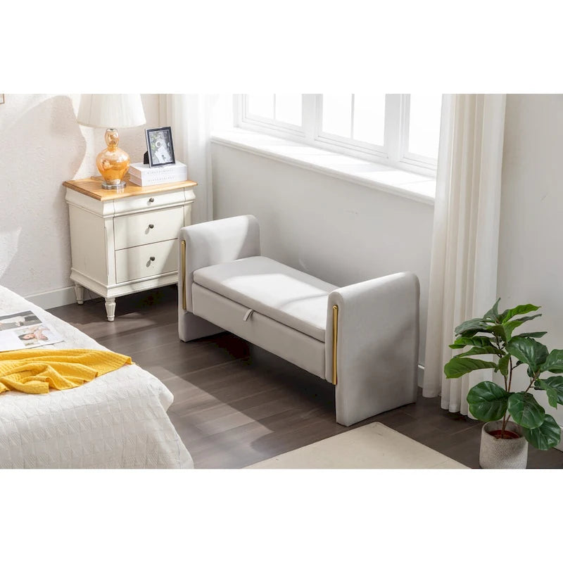 Velvet Fabric Storage Bench Bedroom Bench With Gold Metal Trim Strip For Living Room Bedroom Indoor,Light Gray