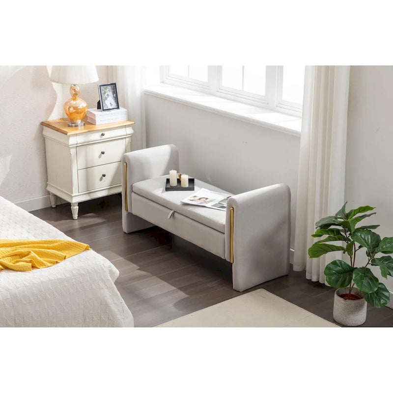 Velvet Fabric Storage Bench Bedroom Bench With Gold Metal Trim Strip For Living Room Bedroom Indoor,Light Gray