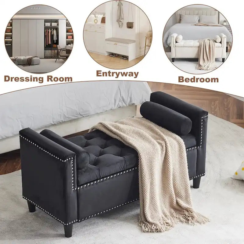 44.5 Velvet Button Storage Bench with Armrests and Nailhead Trim