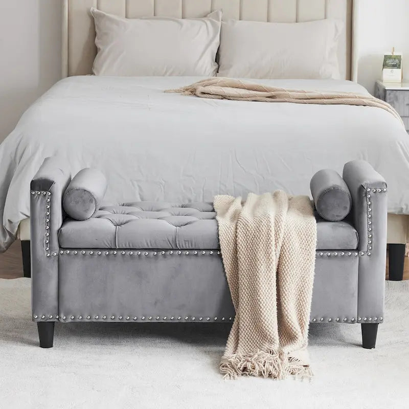 44.5 Velvet Button Storage Bench with Armrests and Nailhead Trim