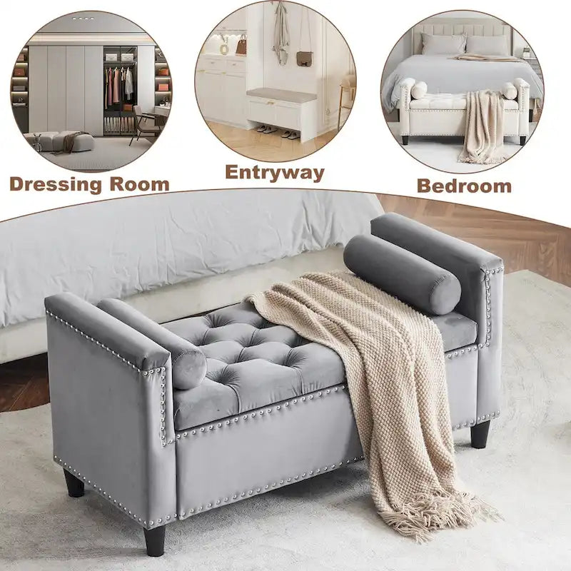 44.5 Velvet Button Storage Bench with Armrests and Nailhead Trim