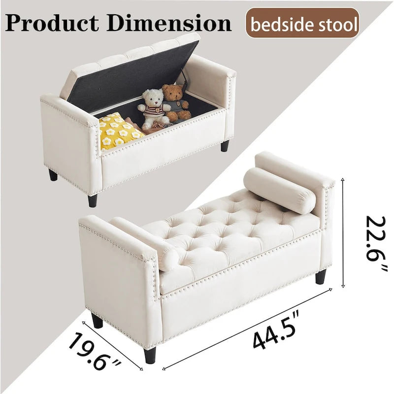 44.5 Velvet Button Storage Bench with Armrests and Nailhead Trim