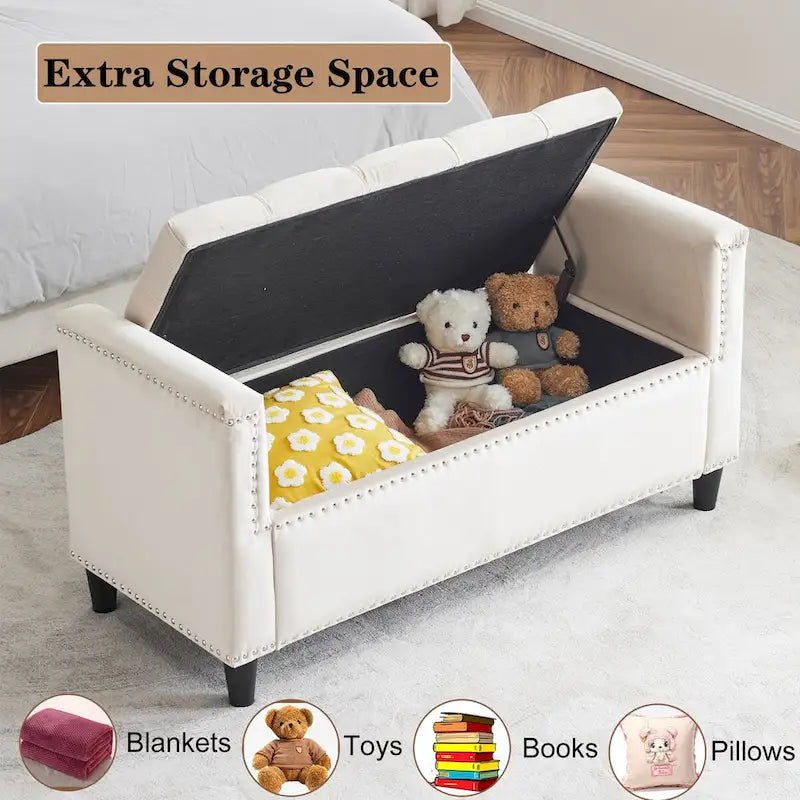 44.5 Velvet Button Storage Bench with Armrests and Nailhead Trim