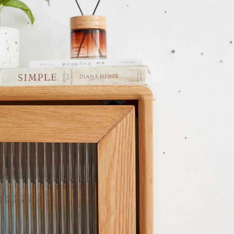 Solid Oak Storage Cabinet for Living Room Corner Cabinets Storage Table with Vintage Glass Door,2 Shelves,1 Drawers
