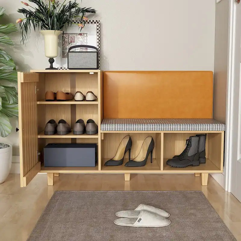 Functional Hallway Storage Ensemble with Houndstooth Cushion Bench