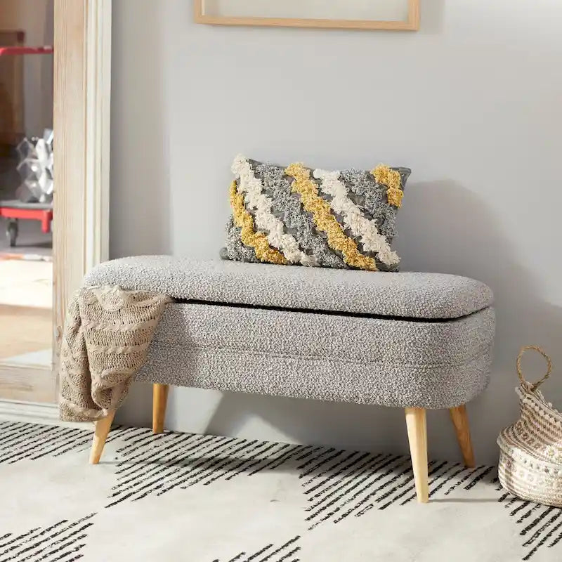 Polyester Oval Upholstered Boucle Storage Bench with Tapered Wood Legs - White or Gray - Roche River Decor