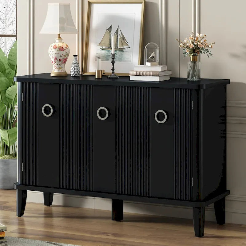 Simple and Atmospheric Solid Wood Veneer Fraxinus Mandschuric Cabinet with Three Acacia Solid Doors,Adjustable