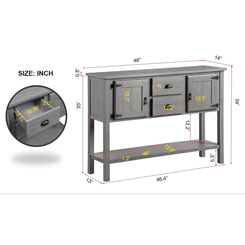 Console Table with 2 Drawers and Cabinets and Bottom Shelf, Retro Style Storage Dining Buffet Server Cabinet(Antique Gray)