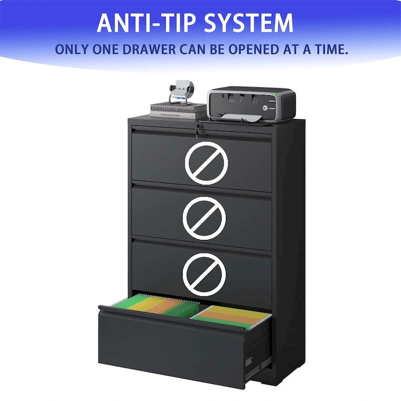 Lateral Black File Cabinet 4 Drawer,with Lock,Lockable File Cabinet
